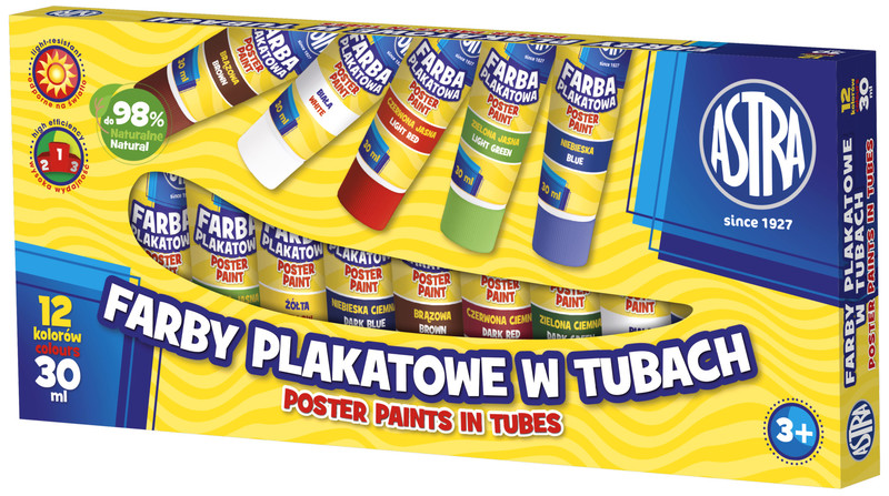 Farby plakatowe 12-kol. w tubach 30 ml., Astra