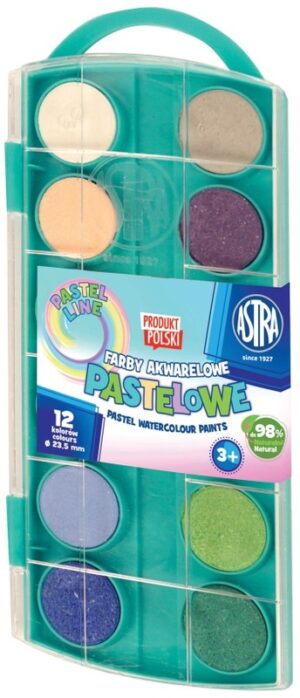 Farby akwarelowe 12 kolorów - fi 23,5mm pastelowe z eurozawieszką , Astra