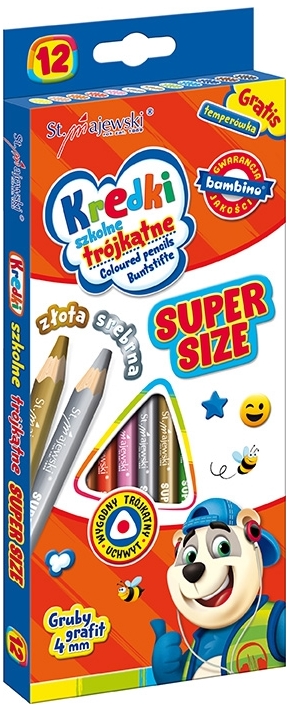 Kredki 12-kol.ołówkowe trójkątne Super Size + temperówka , Bambino