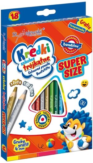 Kredki 18-kol. trójkątne + temperówka, Super Size, Bambino