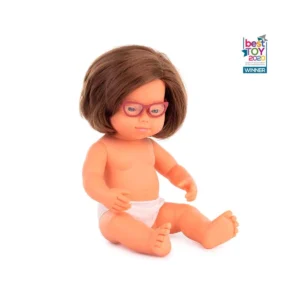 Lalka dziewczynka z syndromem Downa w okularach 38 cm
